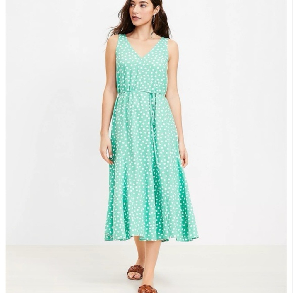 LOFT Dotted Godet Double V Midi Dress - Size S - Picture 2 of 12
